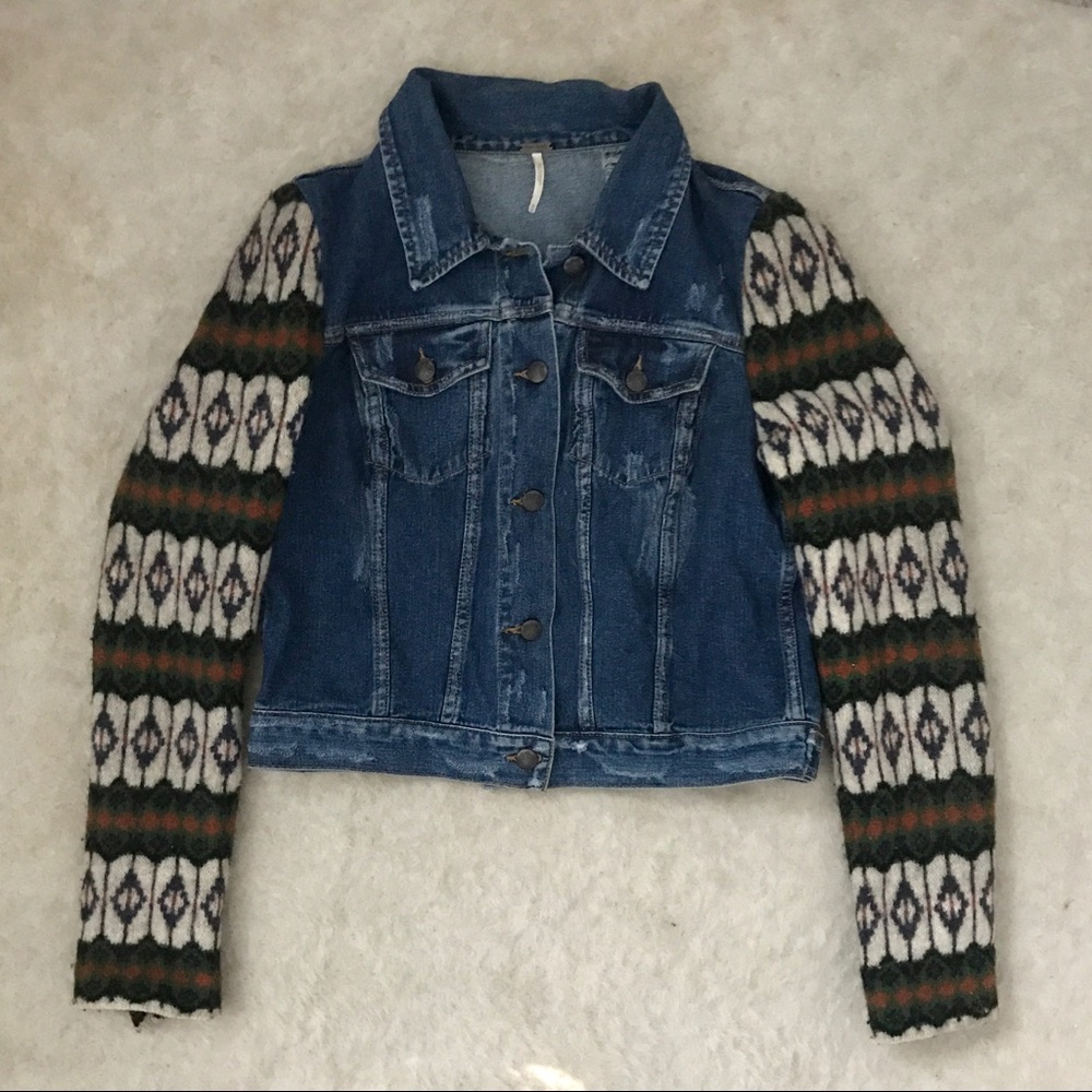 Free People sweater sleeve denim jacket